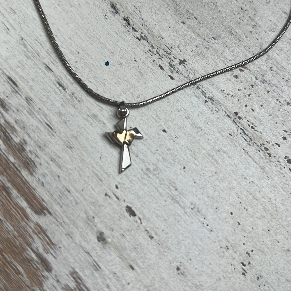 Silver Cross small pendant gold hearts & Sterling silver snake chain